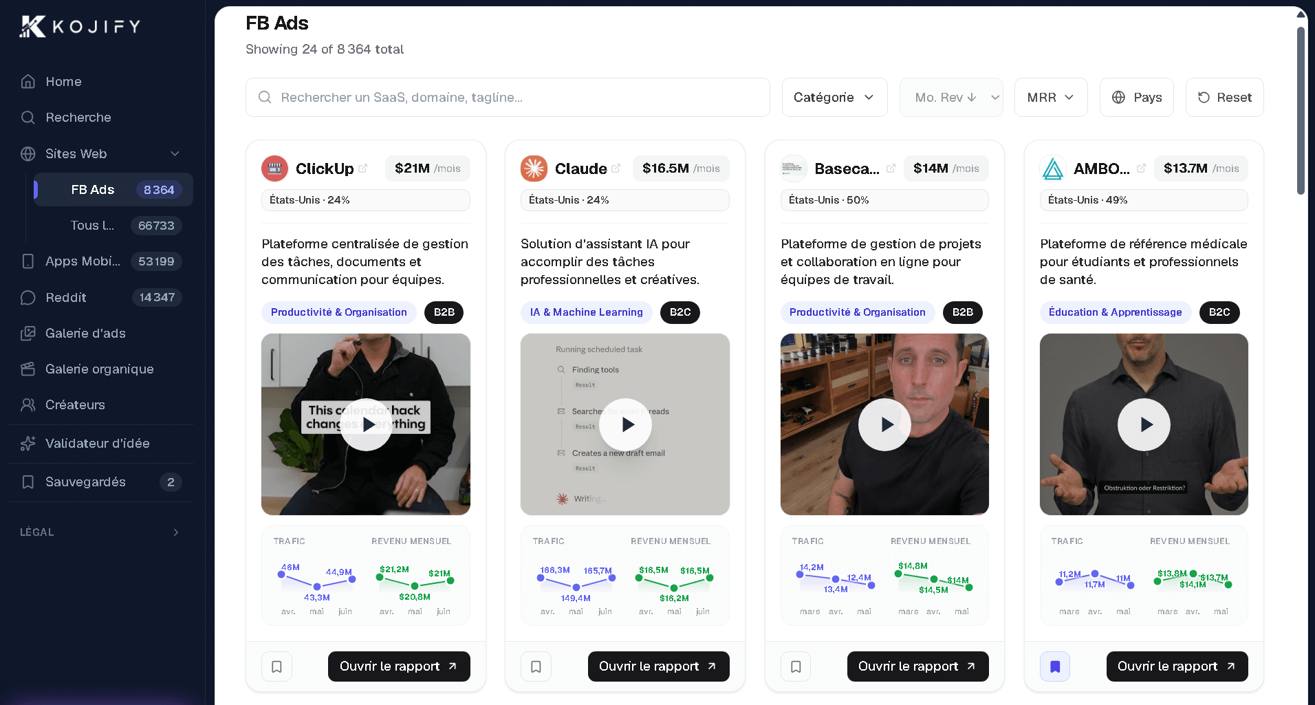 Le dashboard Kojify : recherche, filtres, fiches SaaS avec MRR, trafic et pubs actives