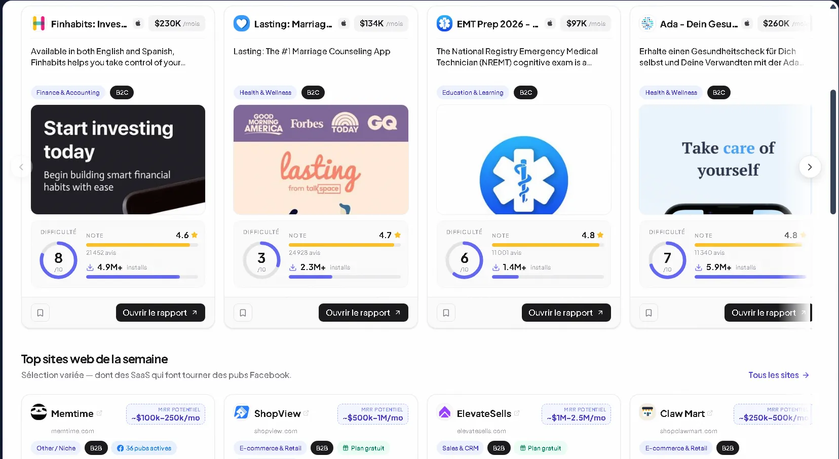 Aperçu du dashboard Kojify : grille de cartes d'apps mobiles avec MRR estimé, catégorie, note, installs et bouton Sauvegarder